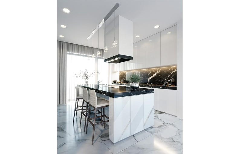 May include: Modern kitchen design featuring a white and black color scheme. The kitchen island has a black countertop and white cabinetry with a geometric pattern. High-back bar stools are positioned at the island. The kitchen also includes white cabinets and a black range hood.