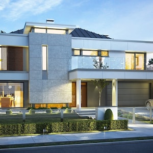 Modern two-story house with a sleek exterior, large windows, and a two-car garage. Perfect for house blueprints, modern house plans, and architectural designs with an innovative layout.