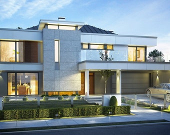 May include: Modern two-story house with a flat roof, featuring a light gray facade and large windows. A silver car is parked in the garage. The house has a well-manicured lawn and a small tree in front. The sky is blue.