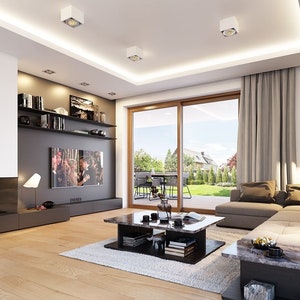 Interior view of a spacious living room with modern furnishings and a cozy fireplace. Perfect for tiny home or cottage house plans with open living spaces.