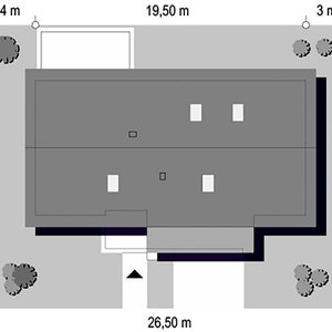 Top view of a house plot with clear dimensions, showing the placement of the building, surrounding green areas, and driveway layout. A useful resource for villa plans or cottage house plans.
