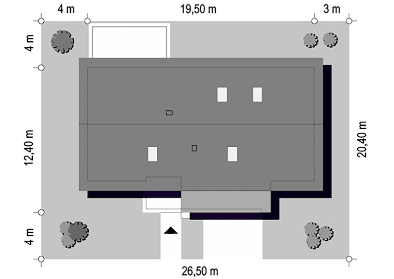 Top view of a house plot with clear dimensions, showing the placement of the building, surrounding green areas, and driveway layout. A useful resource for villa plans or cottage house plans.