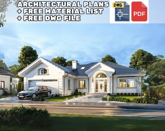May include: A white, single-story house with a black car parked in the driveway. The house has a garage door, a front porch, and a large yard with green grass and trees. The text "ARCHITECTURAL PLANS + FREE MATERIAL LIST + FREE DWG FILE" is displayed at the top of the image. The text "DWG" and "PDF" are displayed in the top right corner of the image.