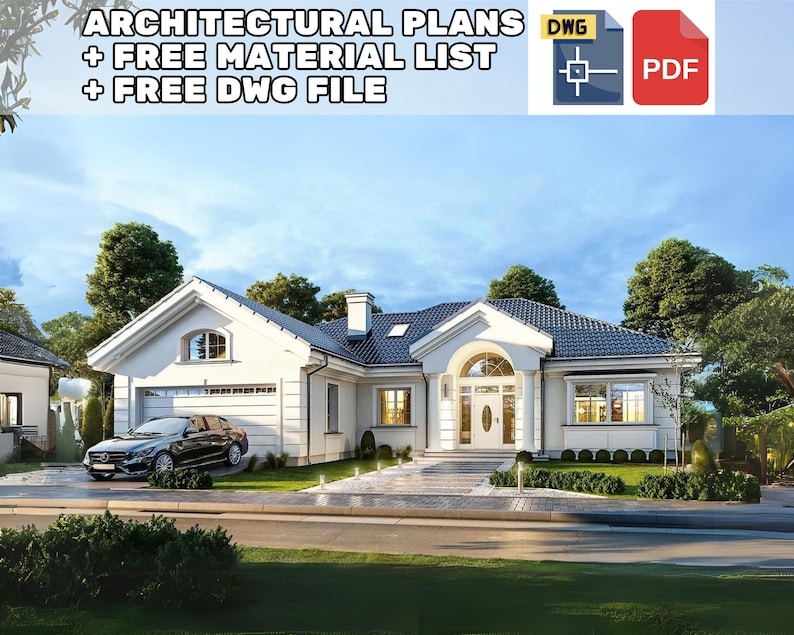 Elegant Villa Exterior with a Spacious Front Yard – A beautiful villa design featuring a double garage, large windows, and a landscaped front yard. Perfect for villa plans, house blueprint, and modern house plans enthusiasts.