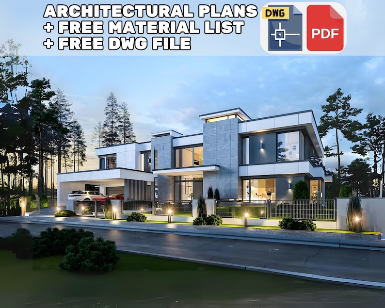 Contemporary two-story house design with sleek lines, glass walls, and a large driveway. Includes architectural plans, DWG files, and material list for modern house blueprints.