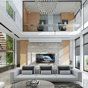 Bright and spacious living area with a modern staircase, open layout, and large glass walls. A highlight in contemporary house plans.