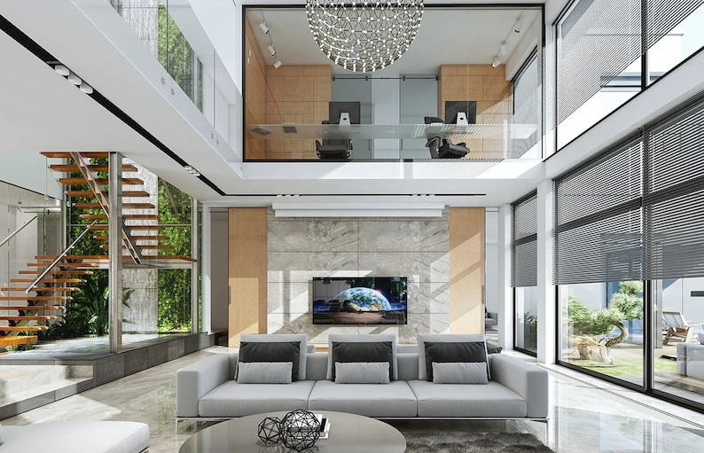 Bright and spacious living area with a modern staircase, open layout, and large glass walls. A highlight in contemporary house plans.