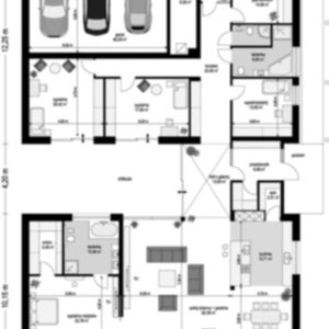 Ground floor blueprint of a modern home with a three-car garage and open-plan living spaces. Ideal for house blueprint enthusiasts.