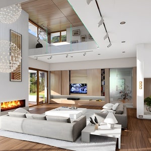 Stylish living room featuring a fireplace, Scandinavian decor, and an open floor plan. A key element in modern house blueprints for cozy living.