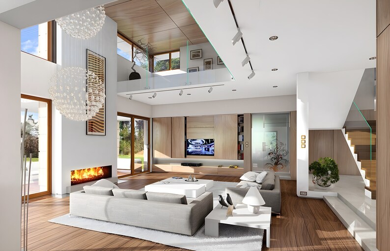 Stylish living room featuring a fireplace, Scandinavian decor, and an open floor plan. A key element in modern house blueprints for cozy living.