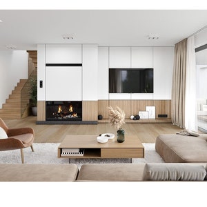 Living area with a built-in fireplace, sleek TV wall, and Scandinavian decor accents. A warm and inviting space in a modern house plan.