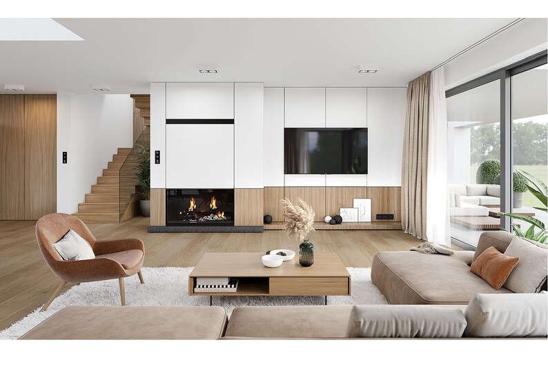Living area with a built-in fireplace, sleek TV wall, and Scandinavian decor accents. A warm and inviting space in a modern house plan.