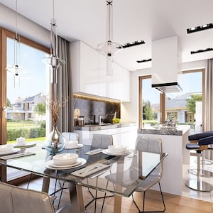 Elegant kitchen and dining area with modern design, featuring floor-to-ceiling windows. Great for townhouse or barndominium plans with functional interiors.