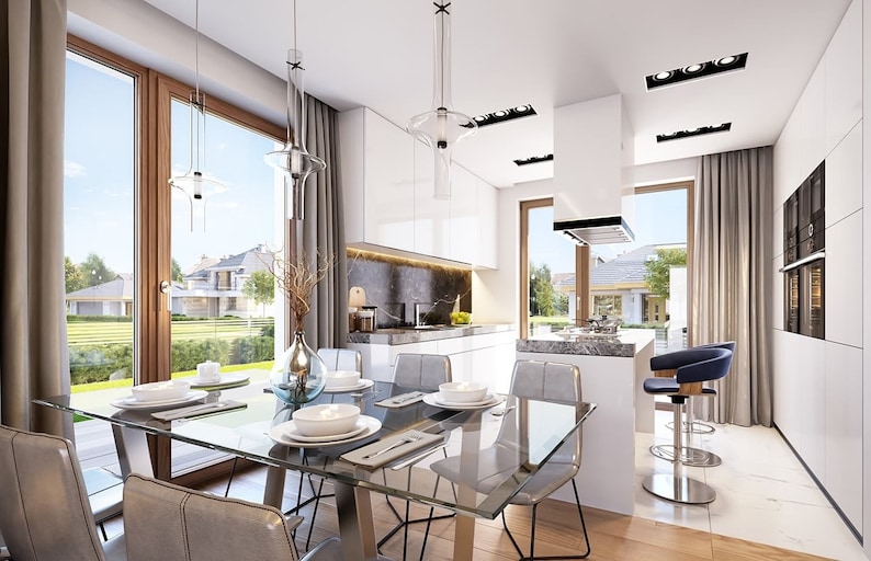Elegant kitchen and dining area with modern design, featuring floor-to-ceiling windows. Great for townhouse or barndominium plans with functional interiors.