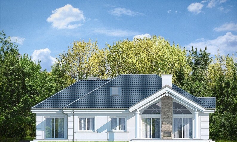 Back View of Villa with Elegant Patio and Glass Doors – A luxurious patio area with a fireplace and large glass doors. Perfect for tiny home plans, modern house plans, and villa plans.