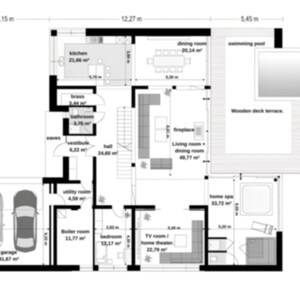 Ground floor plan displaying an open-concept living and dining area with fireplace, kitchen, home spa, and double garage, ideal for modern house plans and villa layouts.