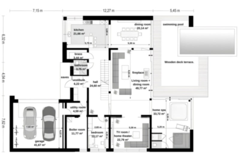 Ground floor plan displaying an open-concept living and dining area with fireplace, kitchen, home spa, and double garage, ideal for modern house plans and villa layouts.