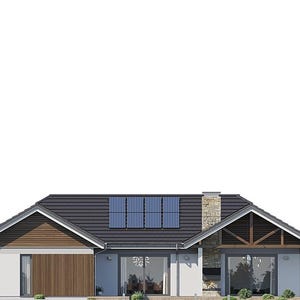 May include: A single-story house with a dark gray tiled roof featuring four solar panels. The exterior walls are white with brown wood paneling on the left side and a stone chimney. Large glass sliding doors and a gabled porch area are visible.