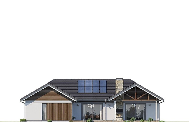 May include: A single-story house with a dark gray tiled roof featuring four solar panels. The exterior walls are white with brown wood paneling on the left side and a stone chimney. Large glass sliding doors and a gabled porch area are visible.