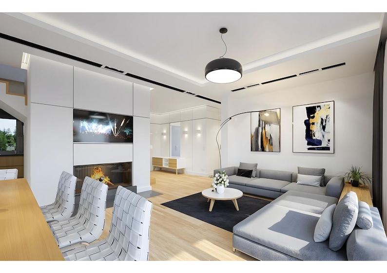 Modern living room with a sectional sofa and contemporary design, suitable for townhouse plan interiors or modern house plans.