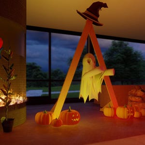 May include: A Halloween display featuring a tall orange A-frame structure topped with a dark witch hat. A white ghost figure hangs from the center. Several orange pumpkins, including one carved with a jack-o'-lantern face, sit at the base.