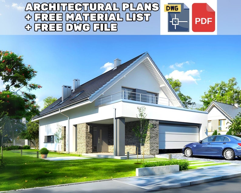 Modern single-family house with a sloped roof, garage, and a green front yard. Ideal for Scandinavian house plans and floor plans enthusiasts.
