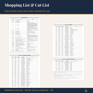 May include: A digital document titled Shopping List & Cut List featuring detailed tables of lumber quantities, dimensions, and hardware requirements for a construction project, presented in a clear, organized grid format.
