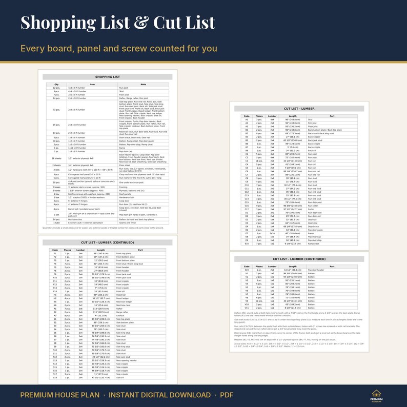 May include: A digital document titled Shopping List & Cut List featuring detailed tables of lumber quantities, dimensions, and hardware requirements for a construction project, presented in a clear, organized grid format.