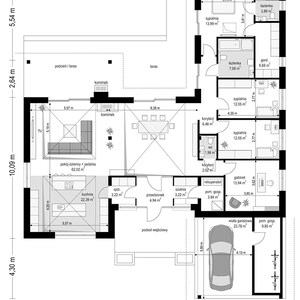 May include: A detailed architectural floor plan of a single-story house featuring a living room, kitchen, dining area, three bedrooms, two bathrooms, a study, a utility room, and a carport, with all rooms labeled in Polish with area measurements.