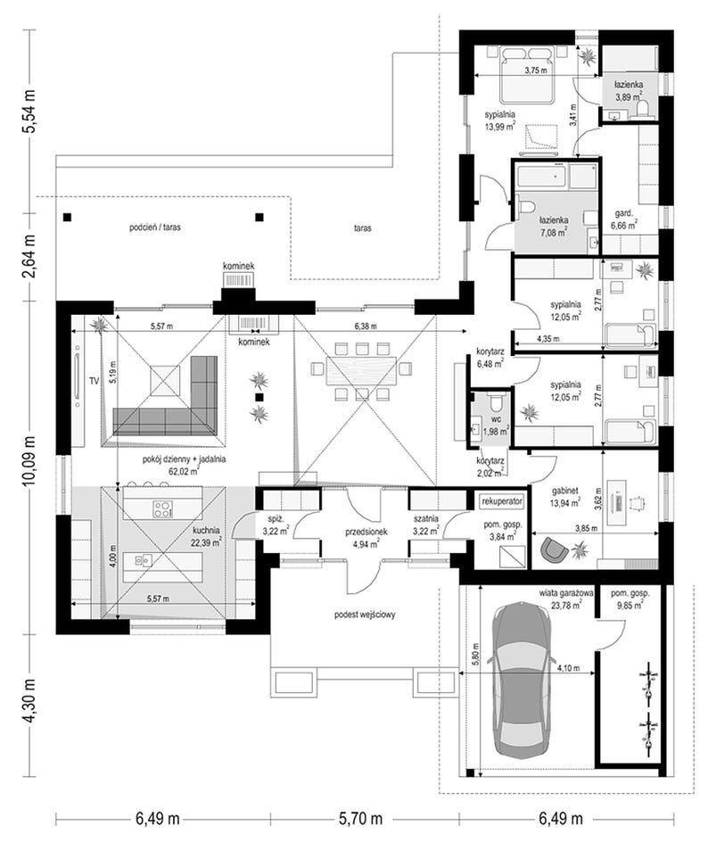 May include: A detailed architectural floor plan of a single-story house featuring a living room, kitchen, dining area, three bedrooms, two bathrooms, a study, a utility room, and a carport, with all rooms labeled in Polish with area measurements.