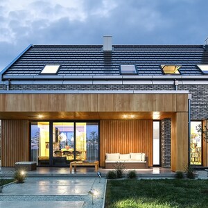Front view of a modern Scandinavian-style home with large windows and a cozy outdoor area. Perfect for cottage or barndominium house plans.