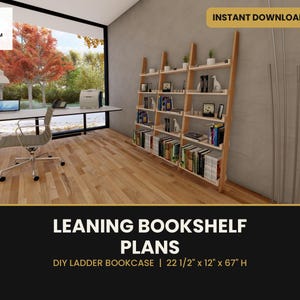 May include: Leaning bookshelf plans for a DIY ladder bookcase measuring 22 1/2 inches by 12 inches by 67 inches high. The image shows a light wood, multi-tiered shelving unit filled with books and decor items against a gray wall.