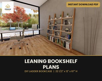 May include: Leaning bookshelf plans for a DIY ladder bookcase measuring 22 1/2 inches by 12 inches by 67 inches high. The image shows a light wood, multi-tiered shelving unit filled with books and decor items against a gray wall.
