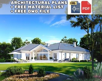 Pode incluir: Uma casa branca de um andar com telhado cinza e janelas grandes. A casa é cercada por um gramado verde e árvores. O texto "ARCHITECTURAL PLANS + FREE MATERIAL LIST + FREE DWG FILE" está no topo da imagem. O texto "DWG" e "PDF" estão no canto superior direito da imagem.