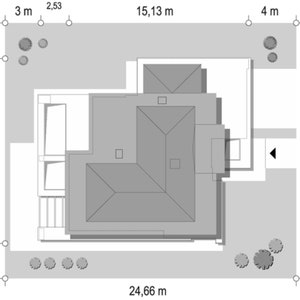 Top-down view of a modern house layout, showcasing detailed measurements, landscaping, and roof structure. Keywords: house blueprint, architectural plans, modern house plans.