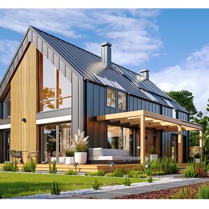 Contemporary eco-friendly house featuring solar panels, a wooden facade, and a spacious terrace. Perfect for sustainable house plans and modern architectural blueprints.