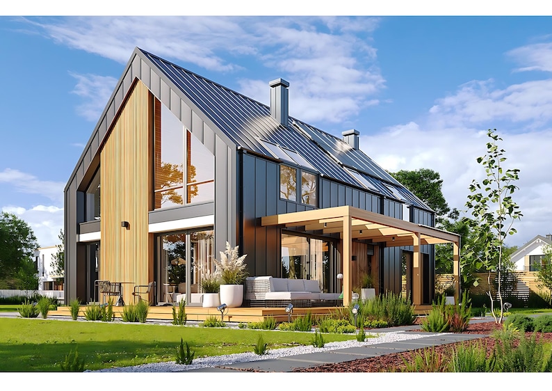Contemporary eco-friendly house featuring solar panels, a wooden facade, and a spacious terrace. Perfect for sustainable house plans and modern architectural blueprints.