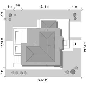 May include: A top-down architectural site plan showing a house footprint in dark gray with surrounding property dimensions. The plot measures 24.66 m by 21.50 m, with various setback measurements including 3 m, 4 m, and 15.13 m clearly labeled.