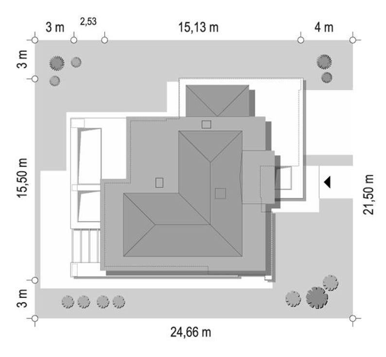 May include: A top-down architectural site plan showing a house footprint in dark gray with surrounding property dimensions. The plot measures 24.66 m by 21.50 m, with various setback measurements including 3 m, 4 m, and 15.13 m clearly labeled.
