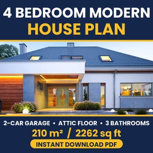 4 Bedroom Modern House Plan 210 m2 | 2262 sq ft Family Home with 2 Car Garage & Attic Floor | PDF Floor Plans Instant Download