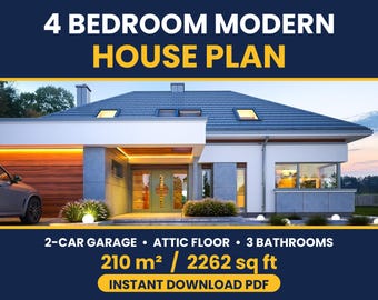 4 Bedroom Modern House Plan 210 m2 | 2262 sq ft Family Home with 2 Car Garage & Attic Floor | PDF Floor Plans Instant Download