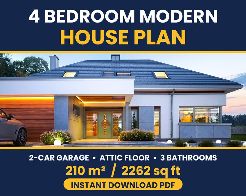 May include: A 4 bedroom modern house plan featuring a 2-car garage, attic floor, and 3 bathrooms. The design includes a single-story structure with a gray tiled roof, white walls, and wood accents. Total area is 210 m&sup2; or 2262 sq ft. Instant download PDF.