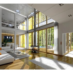 Open concept living room with floor-to-ceiling glass windows wooden floors and a central fireplace showcasing Scandinavian house plans and bright interior layouts