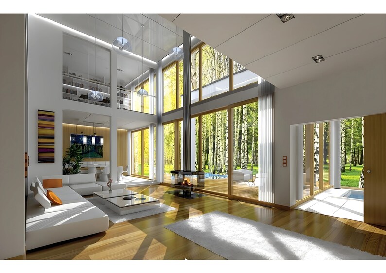 Open concept living room with floor-to-ceiling glass windows wooden floors and a central fireplace showcasing Scandinavian house plans and bright interior layouts