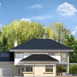 Front elevation of a modern home with a garage, spacious rooms, and minimalist design. A perfect addition to any house plan or blueprint collection.