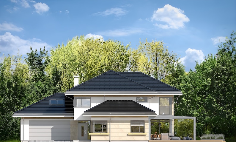 Front elevation of a modern home with a garage, spacious rooms, and minimalist design. A perfect addition to any house plan or blueprint collection.