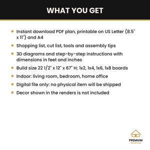 K&ouml;nnte beinhalten: Ein digitaler PDF-Plan mit dem Titel WHAT YOU GET, zum sofortigen Download f&uuml;r US Letter und A4. Enth&auml;lt Einkaufsliste, Zuschnittliste, Montagehinweise, 3D-Diagramme und Anleitungen mit den Ma&szlig;en 57 cm x 30 cm x 170 cm f&uuml;r den Aufbau.