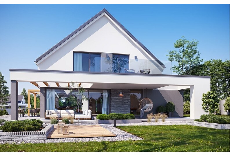 Rear view of a modern villa with a large glass balcony, patio seating area, and green landscaping. The open-concept design and floor plans highlight seamless indoor-outdoor living.
