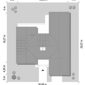 May include: A top-down architectural site plan showing a gray building footprint on a light gray plot. The layout includes labeled dimensions such as 18.68 m, 29.57 m, and 26.68 m, with small circular tree icons in the corners of the rectangular lot.