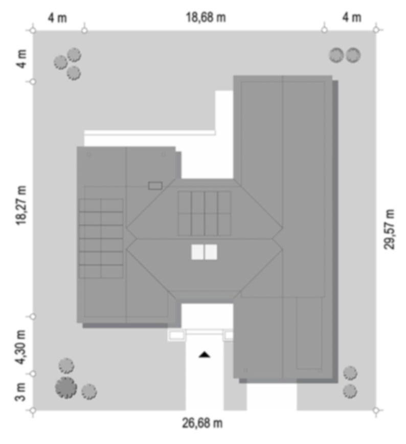 May include: A top-down architectural site plan showing a gray building footprint on a light gray plot. The layout includes labeled dimensions such as 18.68 m, 29.57 m, and 26.68 m, with small circular tree icons in the corners of the rectangular lot.